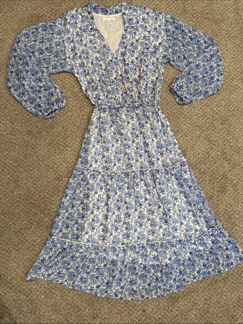 Blue Floral Long Sleeve Tiered Midi Dress